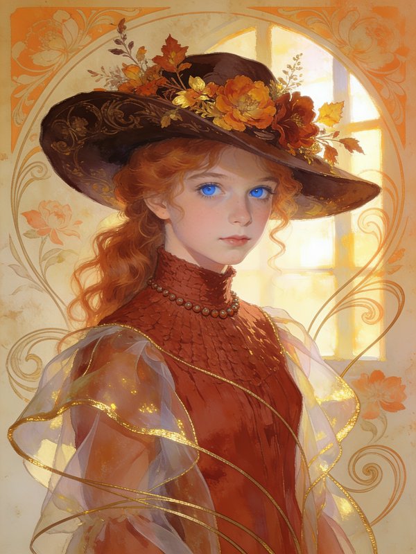 Art nouveau portrait of red-haired girl with bright blue eyes, ornate autumnal flower hat, warm golden sunlit background