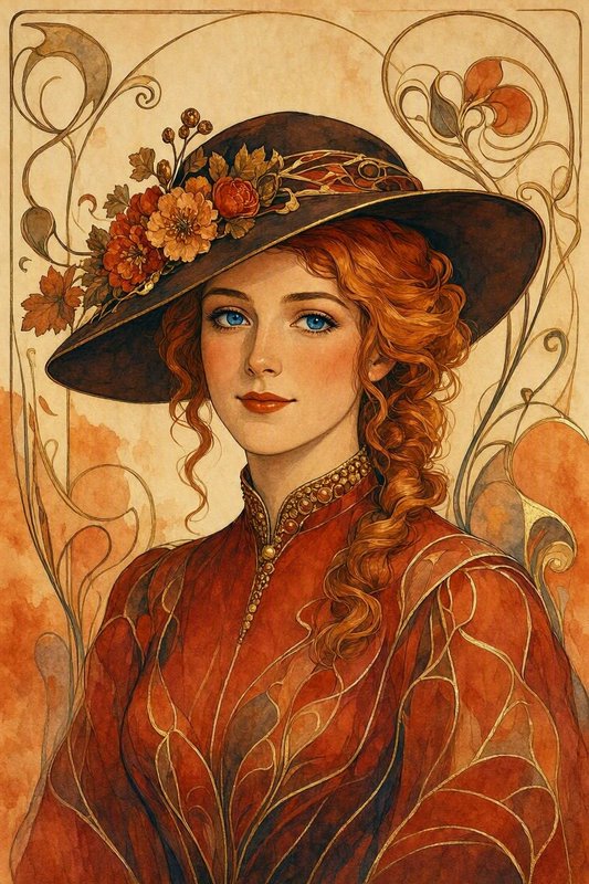 Art Nouveau portrait of elegant red-haired woman wearing a flower-adorned wide brim hat, warm vintage watercolor style