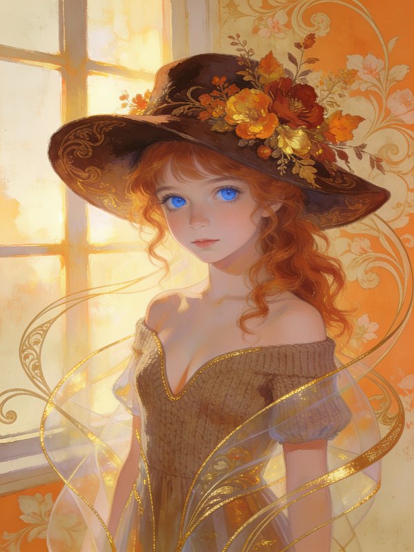 Painterly portrait of a red-haired blue-eyed girl in a flowered wide hat, lit by warm golden window sunlight.