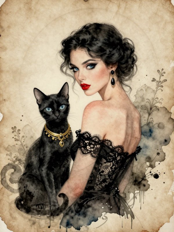 Watercolor portrait of elegant vintage woman in black lace gown beside blue-eyed jeweled black cat on aged parchment