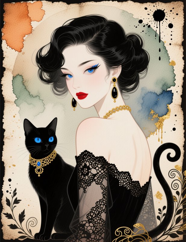 Art Deco vintage portrait of a glamorous woman with bright blue eyes posed beside a matching-eyed black cat
