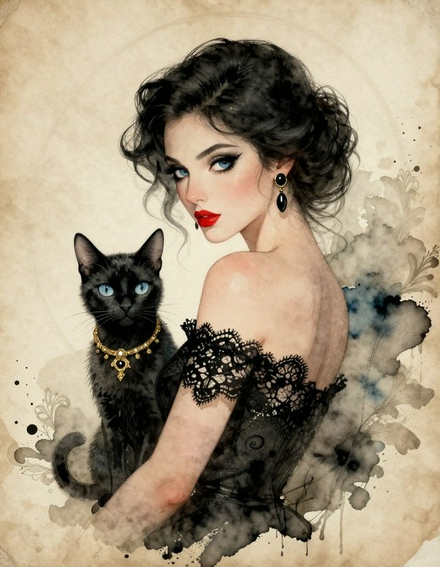 Vintage watercolor portrait of glamorous dark-haired woman with red lipstick, posed beside a matching blue-eyed black cat.