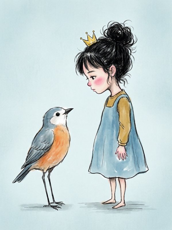 Whimsical watercolor illustration of a little girl with a tiny crown standing face-to-face with an orange-breasted songbird