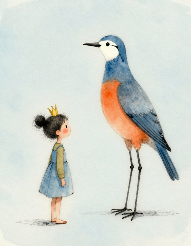 Watercolor illustration of a crowned little girl gazing up at a tall oversized blue and orange bird