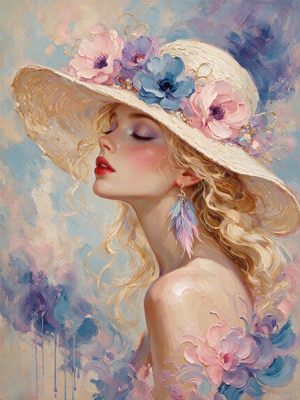 Impressionist oil portrait of a blonde woman wearing a flower-decorated wide straw hat with closed eyes