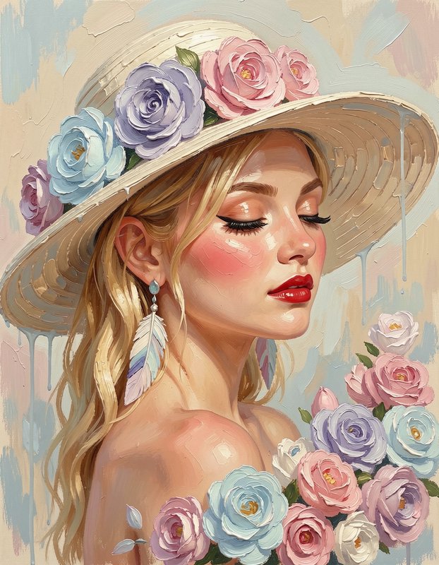 Close-up impasto oil portrait of a serene blonde woman in a flowered straw hat surrounded by pastel roses