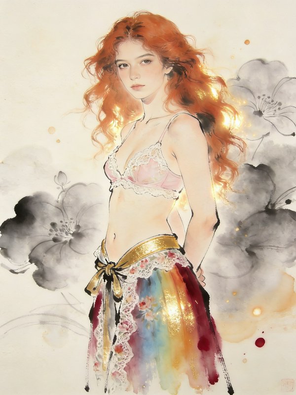 Ink style portrait of a young wavy red-haired woman posed against soft ink wash floral motifs