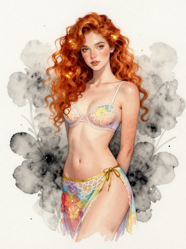 Watercolor portrait of a young woman with long curly red hair in floral lace lingerie against a soft floral backdrop