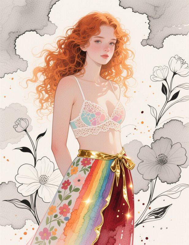 Young woman with voluminous curly copper hair wears a whimsical rainbow skirt, framed by delicate sketched florals