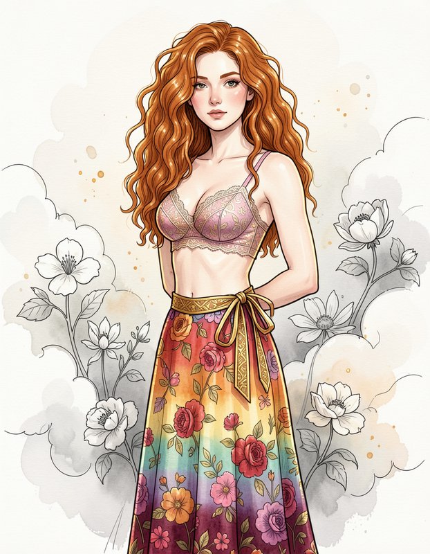Illustrated portrait of a wavy red-haired woman in a floral maxi skirt and lace bralette against a soft floral backdrop