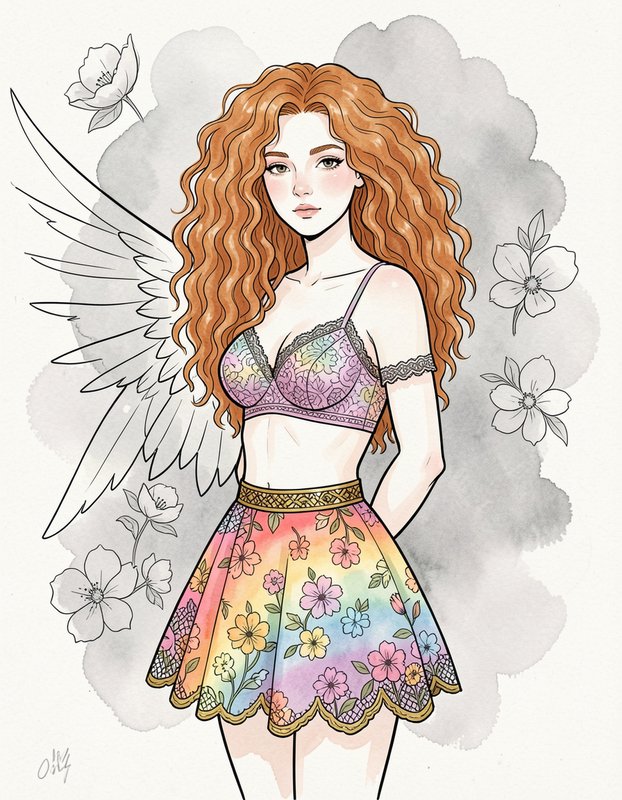 Winged fairy with long curly red hair wearing a rainbow floral skirt and lace bralette