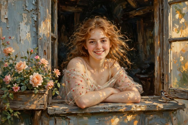 Smiling young redheaded woman leans out of a sunlit weathered cottage window beside peach roses and a sparrow