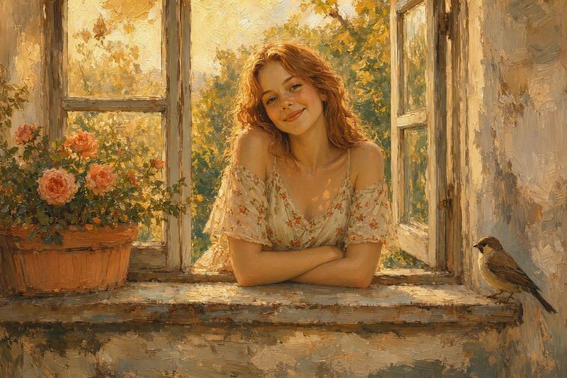 Smiling red haired woman leans out a sunlit open window beside potted roses and a perched sparrow