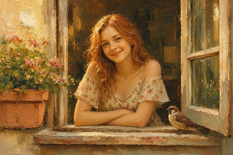 Smiling curly red-haired woman leans out a sunlit window beside a sparrow and potted pink flowers