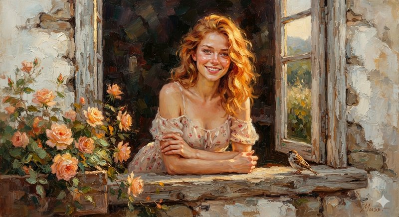 Smiling curly red-haired woman leans from a rustic cottage window beside peach roses and a small perching sparrow
