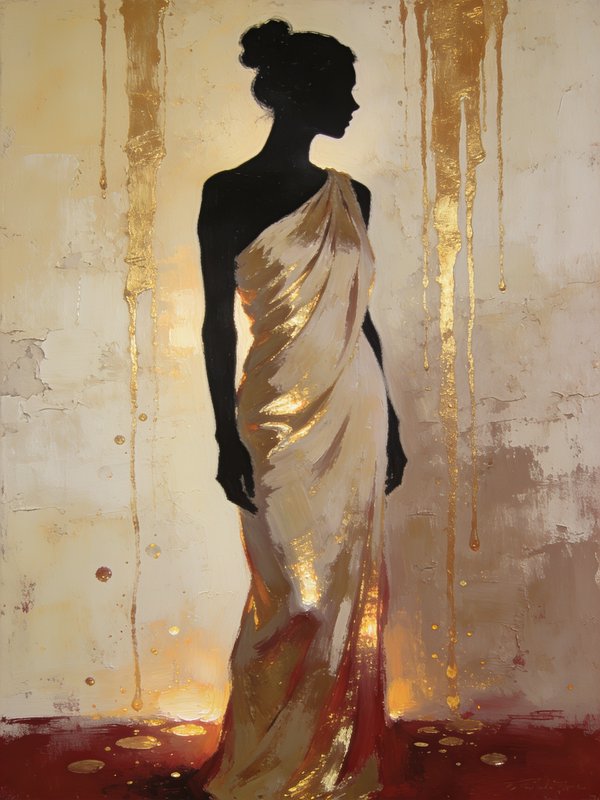 Elegant woman silhouette in a shimmering draped gold gown against a textured background with dripping metallic gold accents