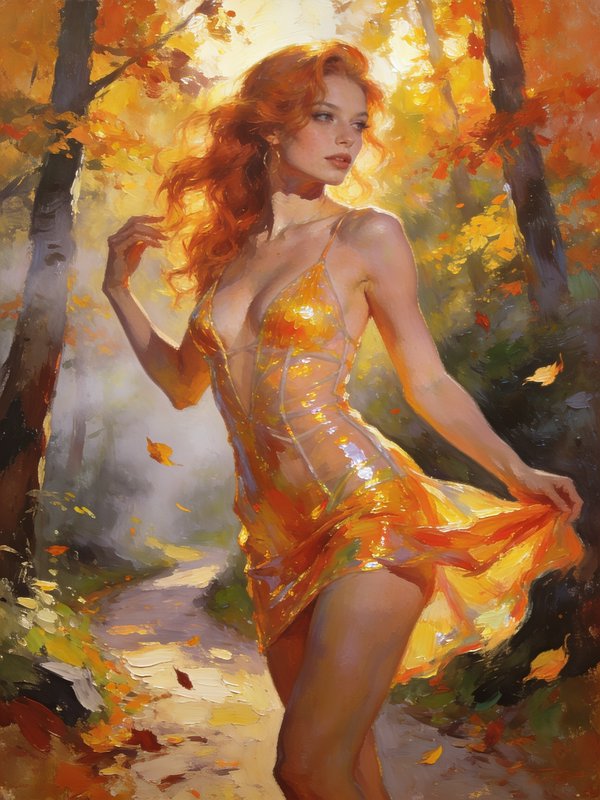 Red-haired woman in a shimmering golden dress stands on a sunlit misty autumn forest path