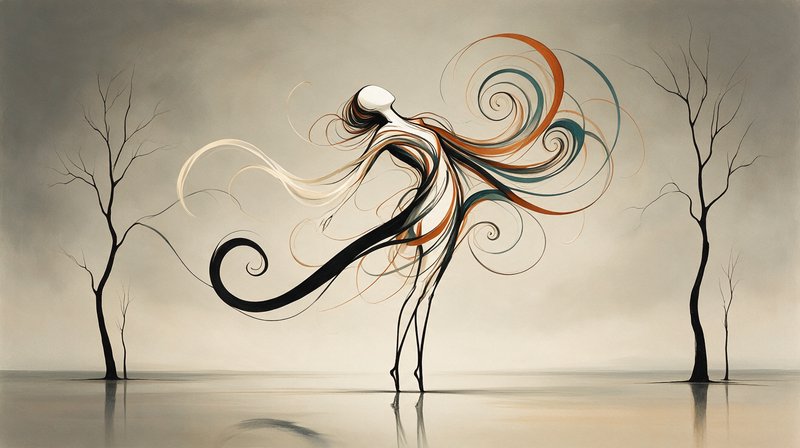 Abstract swirling stylized dancer stands on calm reflective water between sparse bare leafless trees