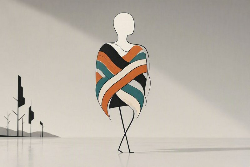 Abstract minimalist line art figure wrapped in a striped blanket stands in a sparse quiet landscape