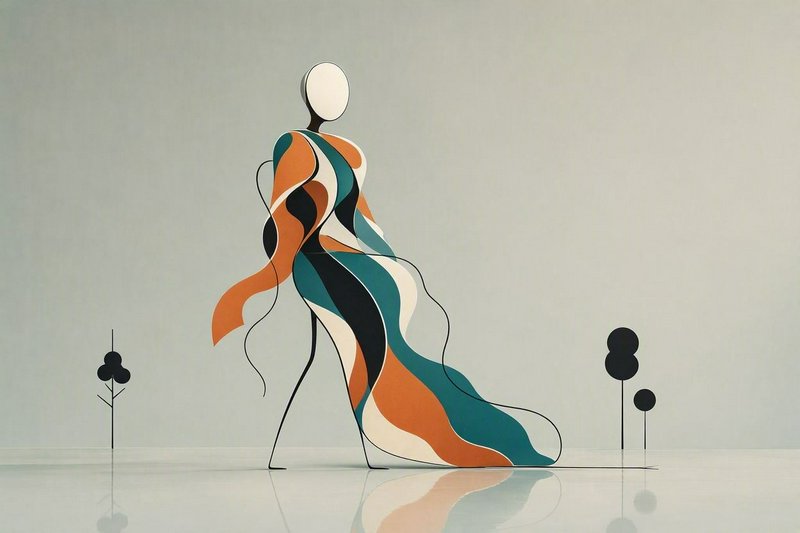 Minimalist abstract line art walking human figure with flowing robes between tiny stylized trees