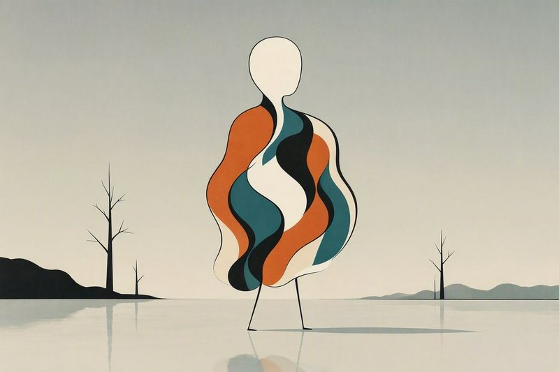 Surreal abstract humanoid figure standing on calm reflective water in a minimalist muted landscape