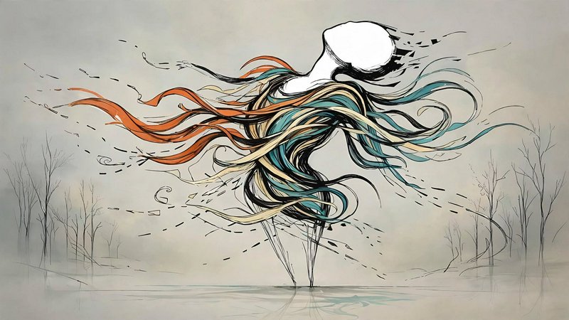 Surreal faceless abstract figure with wind-blown multicolored strands standing in a misty bare wetland