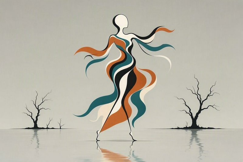 Abstract flowing stylized dancing figure standing on still reflective water between bare leafless trees