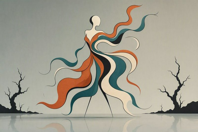 Stylized abstract female figure with flowing ribbon dress stands on a calm reflective shore between bare dead trees