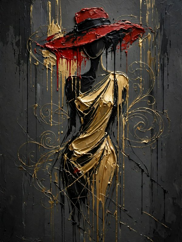 Textured impasto painting of a silhouetted elegant woman wearing a wide red hat and gold gown