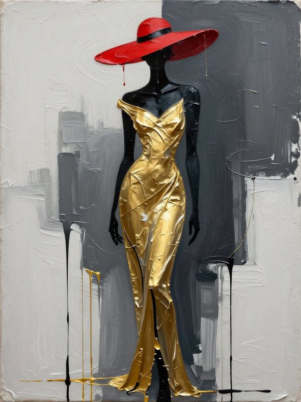 Stylized faceless fashion figure in a metallic gold gown wears a wide bright red hat against an abstract painted background