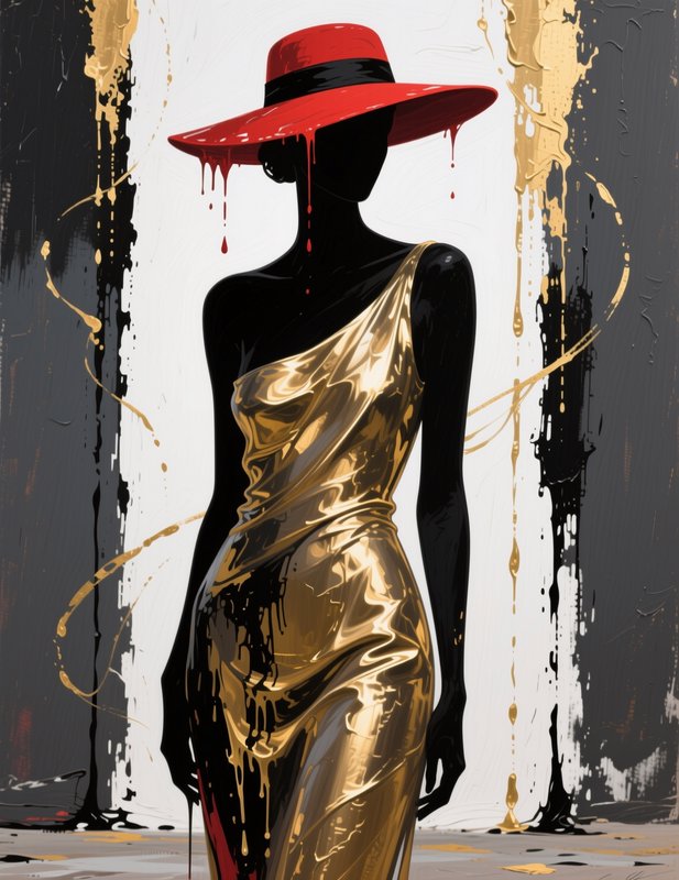 Stylized black silhouette of a woman in a red wide-brimmed hat and shiny gold gown against a dripped paint background
