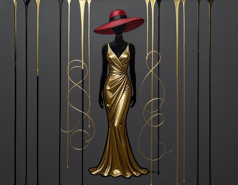 Stylized faceless woman in a gold evening gown and wide red hat against an art deco grey backdrop