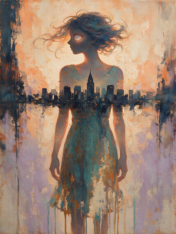 Surreal double exposure portrait of a windswept girl merged with a city skyline at golden sunset