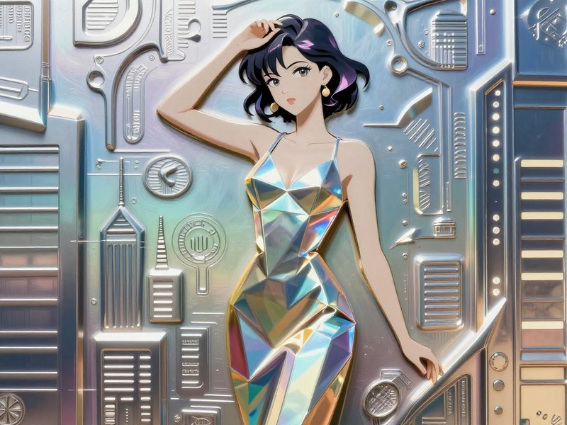 Stylized anime woman in a faceted iridescent dress poses against an embossed metallic sci-fi panel background