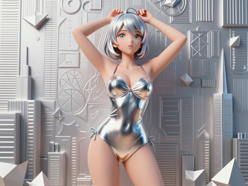 3D anime girl with short silver hair in a shiny metallic swimsuit poses against an embossed silver city relief wall