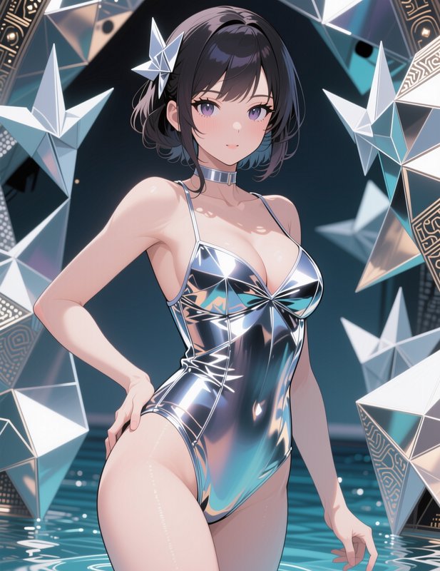 Anime girl in shiny metallic swimsuit with origami hair clip standing in shallow rippling water