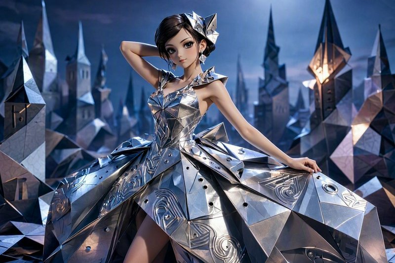 Anime style woman in a faceted metallic silver gown poses before a futuristic geometric spire city at dusk