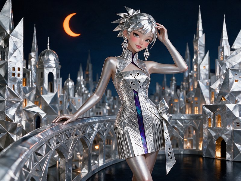 Metallic silver anime woman posing on a bridge before a crystalline fantasy city under an orange crescent moon