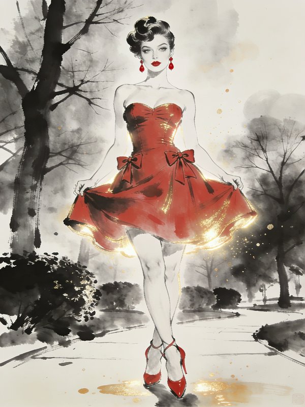 Elegant retro woman in a sparkling red cocktail dress stands in a misty ink wash park