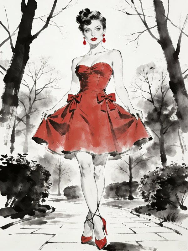 Glamorous 1950s woman in a red strapless dress poses on a tree lined park pathway in ink illustration