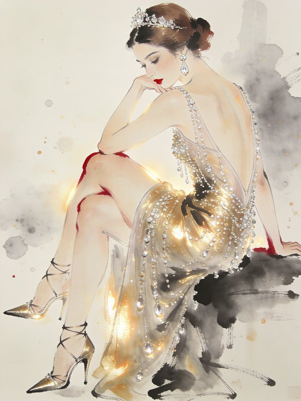 Elegant seated woman in a crystal-embellished backless gold gown with diamond tiara, rendered in soft watercolor