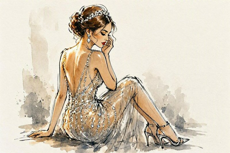 Seated elegant bride in a beaded backless gown, rendered in soft watercolor and ink style.