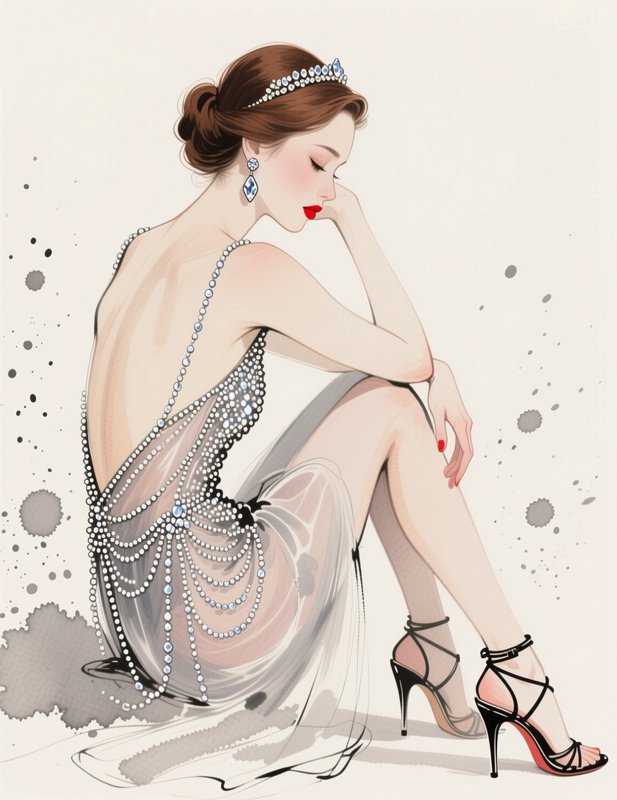 Elegant seated woman in a beaded backless evening gown, diamond tiara, and stiletto heels fashion illustration