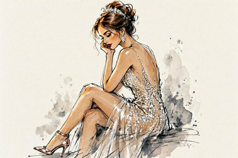 Seated bride in a beaded backless gown rests her chin on her hands in a soft watercolor fashion sketch