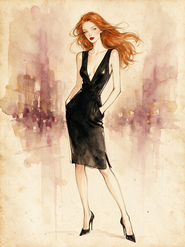 Poised red-haired woman in a little black dress in a vintage fashion illustration