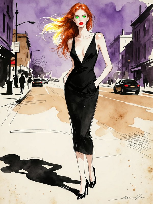 Red-haired woman in a sleek black midi dress stands confidently on a downtown city street fashion illustration
