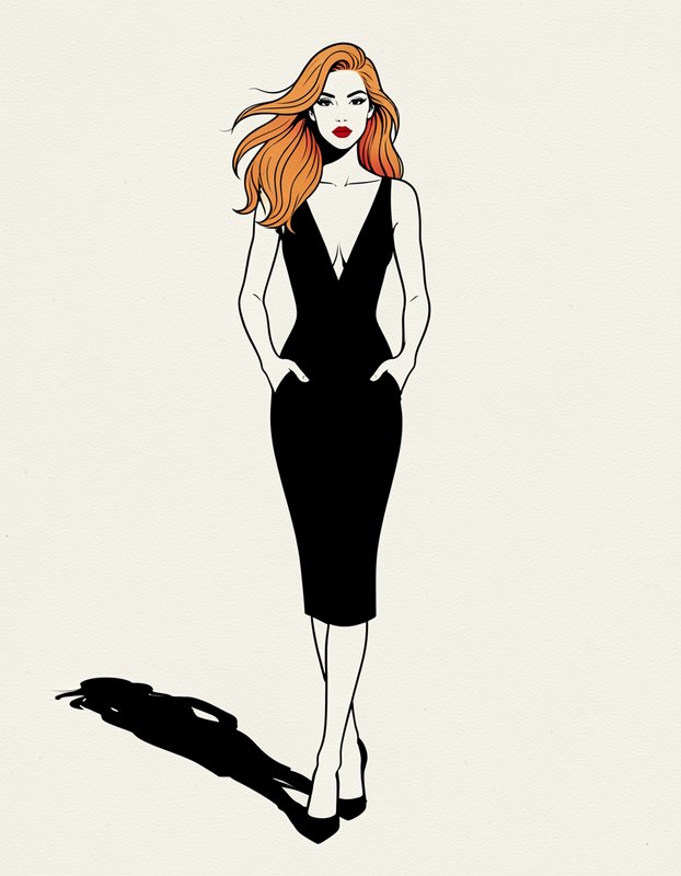 Elegant woman with flowing copper hair stands in a sleek black midi dress, hands in her pockets.