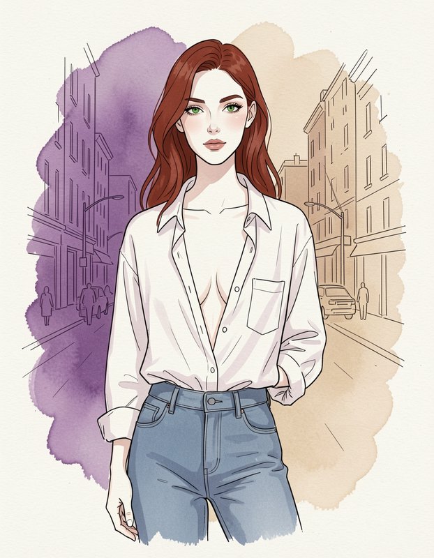 Red haired young woman in casual attire stands before a watercolor city street background