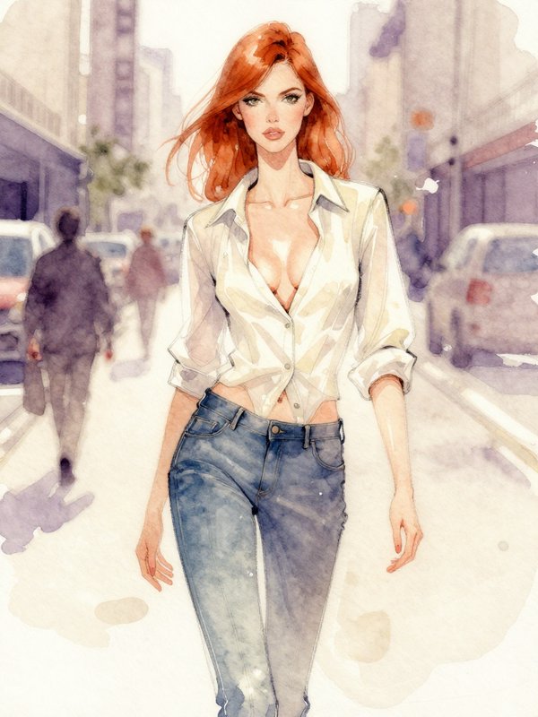 Red-haired woman in a casual outfit walks across a sunlit downtown city street in soft watercolor style