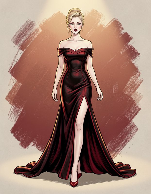 Poised blonde woman in a form-fitting burgundy off-the-shoulder evening gown against a warm textured background